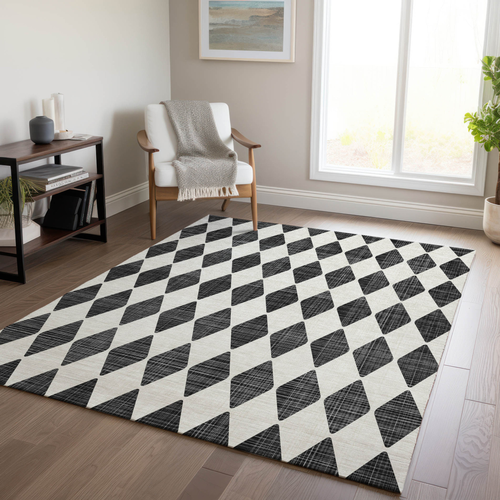 3' X 5' Black Geometric Washable Indoor Outdoor Area Rug