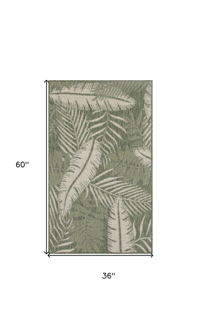 3' X 5' Green And Ivory Palm Leaf Indoor Outdoor Area Rug