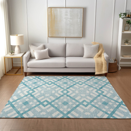 5' X 8' Teal Blue Aqua And Ivory Geometric Washable Indoor Outdoor Area Rug