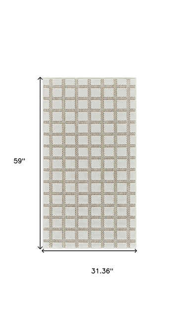 3' X 5' Cream and Beige Geometric Distressed Indoor Outdoor Area Rug