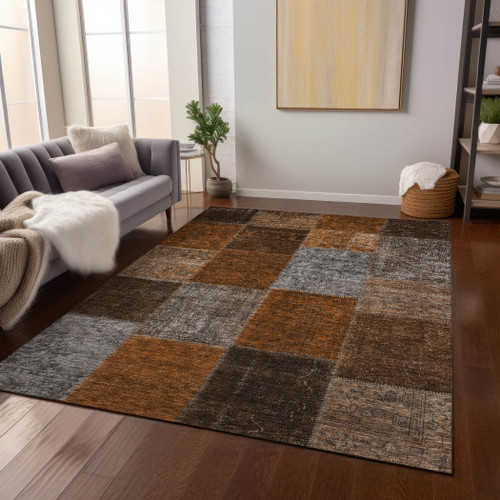 5' X 8' Orange And Taupe Patchwork Washable Indoor Outdoor Area Rug