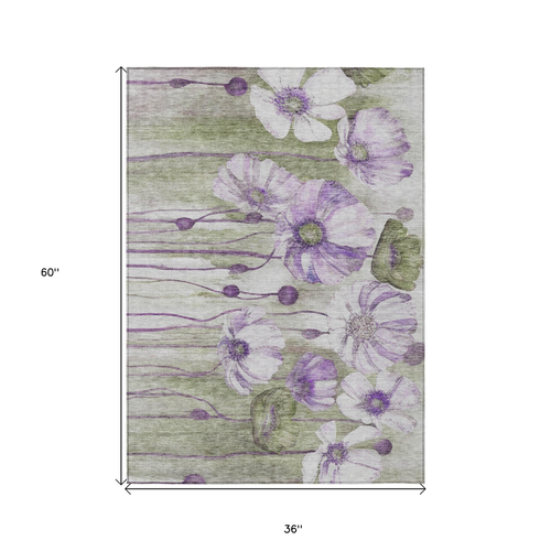 3' X 5' Purple And Lavender Floral Washable Indoor Outdoor Area Rug