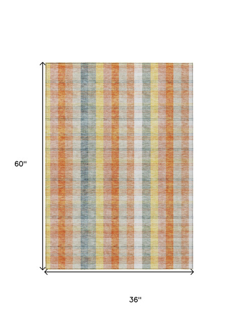 3' X 5' Peach Ivory And Orange Plaid Washable Indoor Outdoor Area Rug