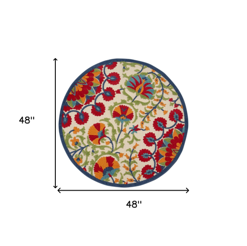 4' Navy Blue Beige Green Blue And Red Round Floral Indoor Outdoor Area Rug