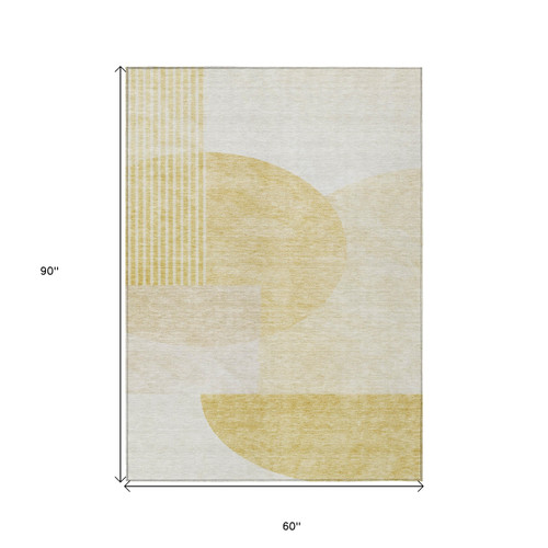 5' X 8' Gold Wheat And Ivory Geometric Washable Indoor Outdoor Area Rug