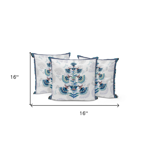 Set of Three 16" Blue and Off White Botanical Indoor Outdoor Throw Pillow Cover and Insert Polyester