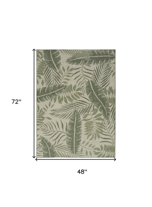 4' X 6' Ivory And Green Palm Leaf Indoor Outdoor Area Rug