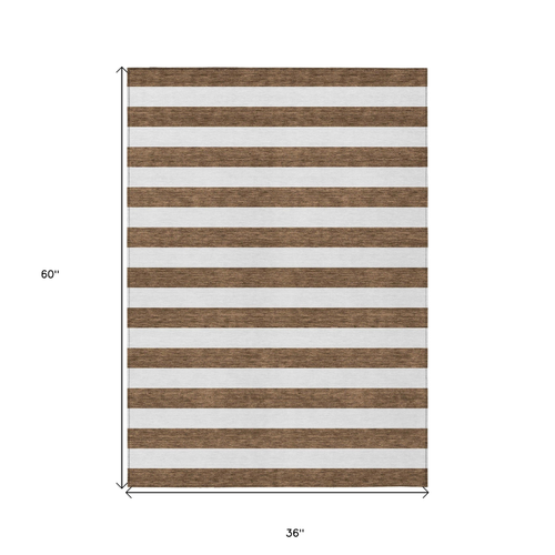 3' X 5' Chocolate Striped Washable Non Skid Indoor Outdoor Area Rug