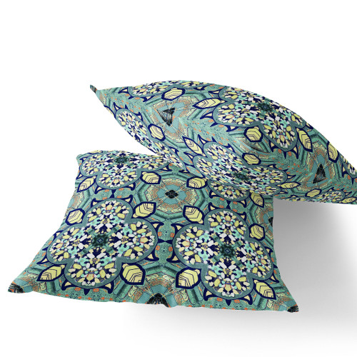Set of Two 16" X 16" Green and Yellow Blown Seam Floral Indoor Outdoor Throw Pillow Polyester Decor