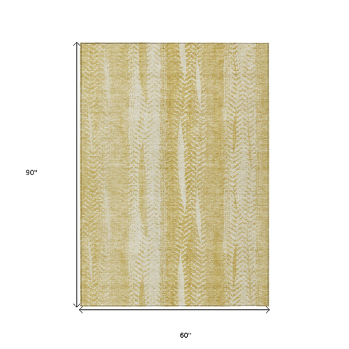 5' X 8' Gold Wheat And Ivory Botanical Leaves Washable Indoor Outdoor Area Rug