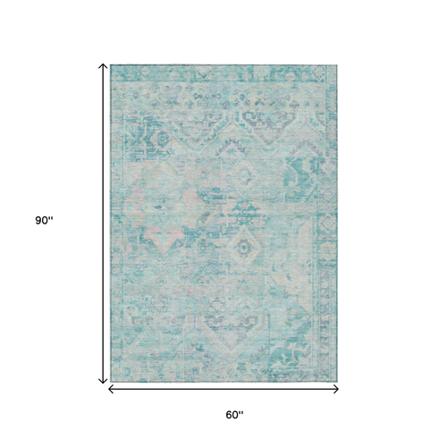 5' X 8' Teal Blue And Pink Floral Medallion Washable Indoor Outdoor Area Rug