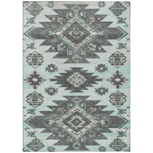 5' X 8' Mint Green And Charcoal Tribal Washable Indoor Outdoor Area Rug