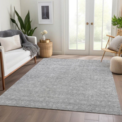 5' X 8' Gray Silver And Ivory Floral Washable Indoor Outdoor Area Rug