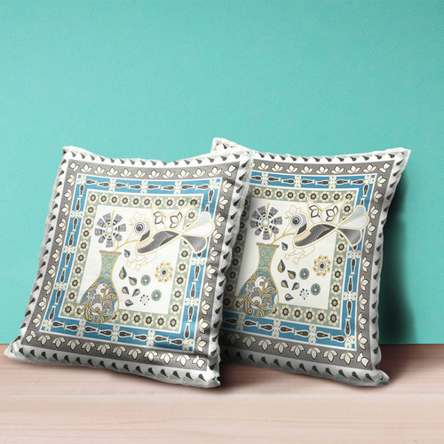 16" x 16" Off White Peacock Blown Seam Floral Indoor Outdoor Throw Pillow Home Accent