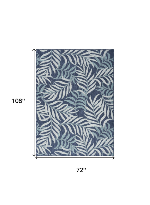 6' X 9' Navy Blue And Ivory Palm Leaf Indoor Outdoor Area Rug