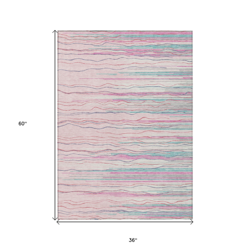 3' X 5' Pink Blue And Purple Striped Washable Indoor Outdoor Area Rug