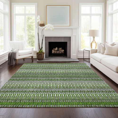 5' X 8' Green And Ivory Striped Washable Indoor Outdoor Area Rug