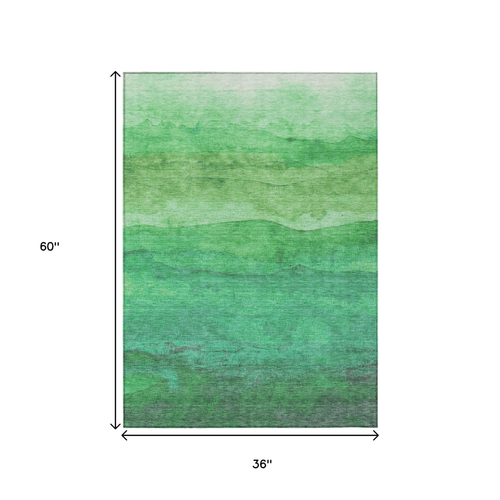 3' X 5' Green And Teal Blue Striped Washable Indoor Outdoor Area Rug