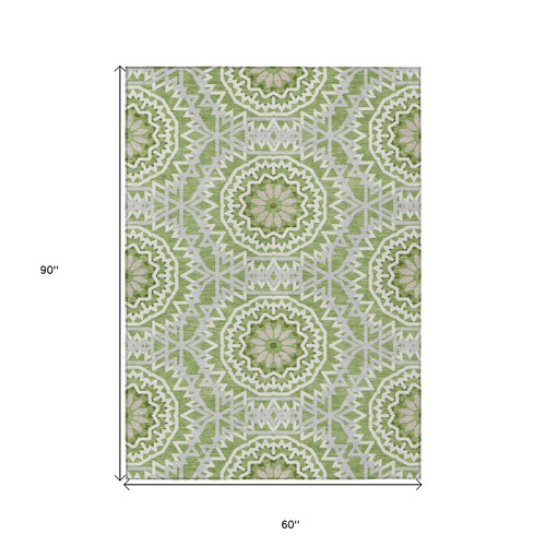 5' X 8' Olive Green And Ivory Floral Medallion Washable Indoor Outdoor Area Rug