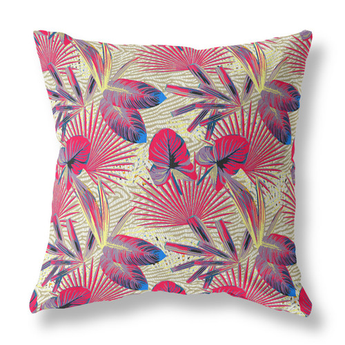 20” Pink Yellow Tropical Indoor Outdoor Throw Pillow