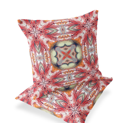 Set of Two 16" X 16" Green and Red Blown Seam Floral Indoor Outdoor Throw Pillow Polyester Modern Style