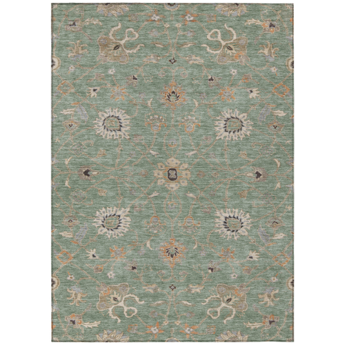5' X 8' Artichoke Green Ivory And Coral Floral Washable Indoor Outdoor Area Rug