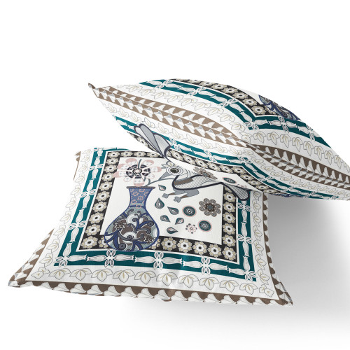 Set of Two 16" X 16" Beige and Green Peacock Blown Seam Floral Indoor Outdoor Throw Pillow Polyester Decor
