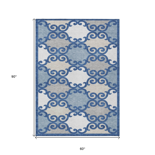 5' X 8' Navy Blue Gray And Ivory Trellis Washable Indoor Outdoor Area Rug