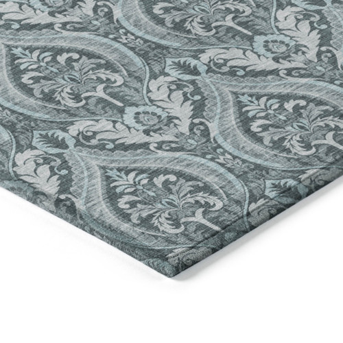 2' X 3' Teal Damask Washable Non Skid Indoor Outdoor Area Rug