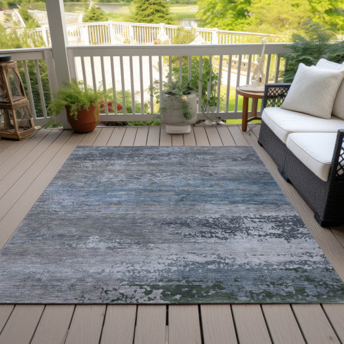 5' X 8' Pewter Navy Blue And Charcoal Abstract Washable Indoor Outdoor Area Rug