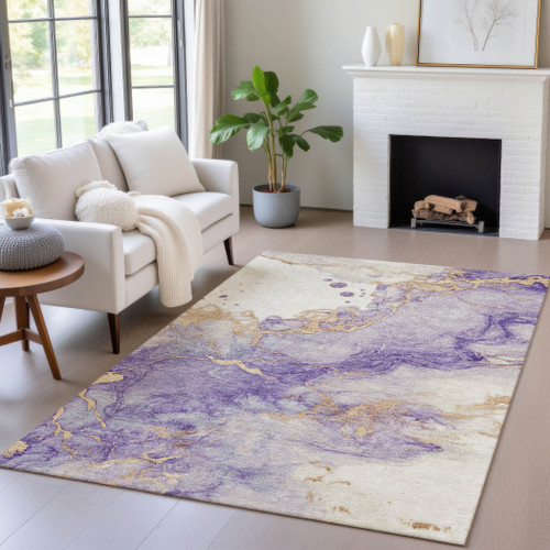 3' X 5' Purple And Gold Abstract Washable Indoor Outdoor Area Rug - Purple, Gold