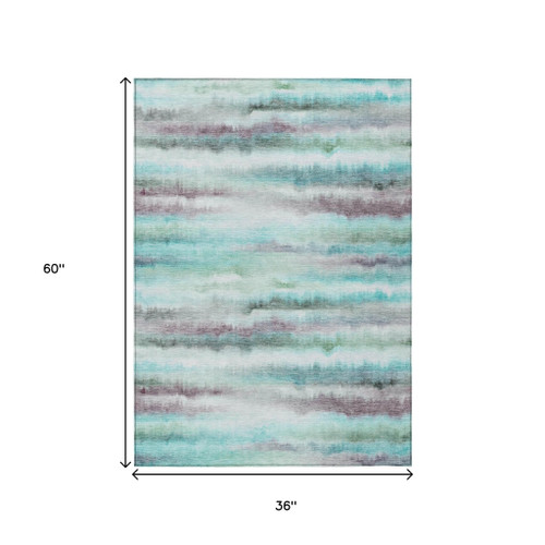 3' X 5' Teal Blue Plum And Ivory Striped Washable Indoor Outdoor Area Rug