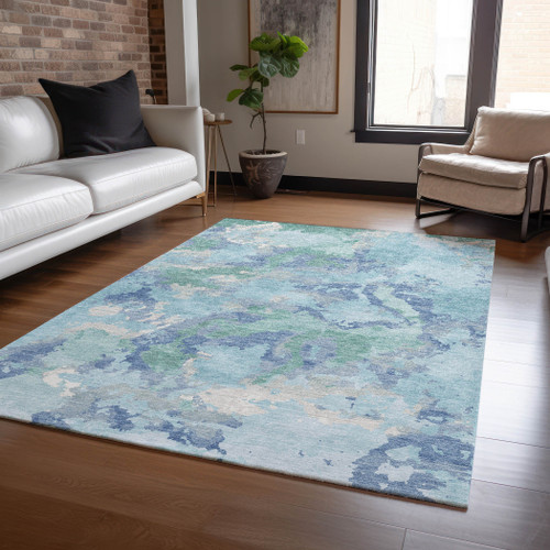 5' X 8' Blue And Teal Blue Abstract Washable Indoor Outdoor Area Rug
