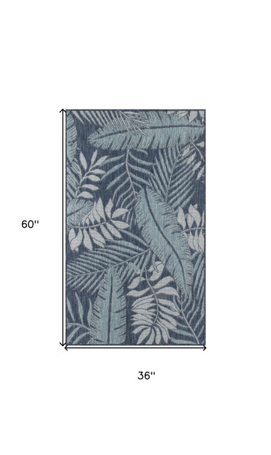 3' X 5' Navy Blue And Ivory Palm Leaf Indoor Outdoor Area Rug