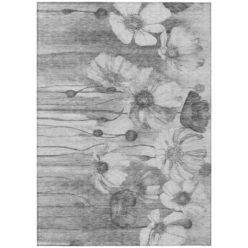 3' X 5' Gray Charcoal And Silver Floral Washable Indoor Outdoor Area Rug