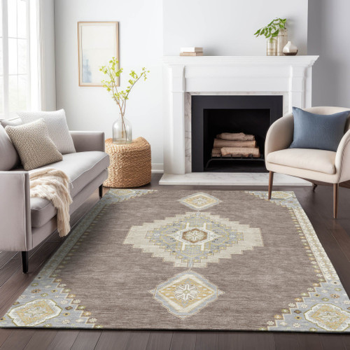 5' X 8' Taupe Gray And Ivory Oriental Washable Indoor Outdoor Area Rug