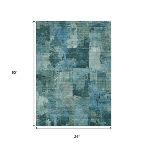3' X 5' Teal Blue And Pale Aqua Abstract Washable Indoor Outdoor Area Rug - Teal Blue, Pale Aqua