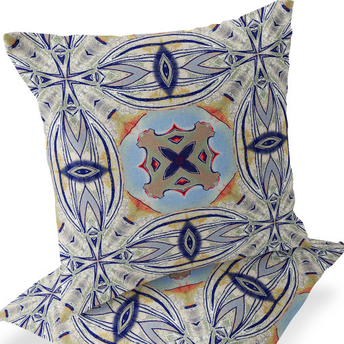 Space-Saving Set of Two 16" X 16" Blue and Green Blown Seam Floral Indoor Outdoor Throw Pillow for Living Room Bedroom Office