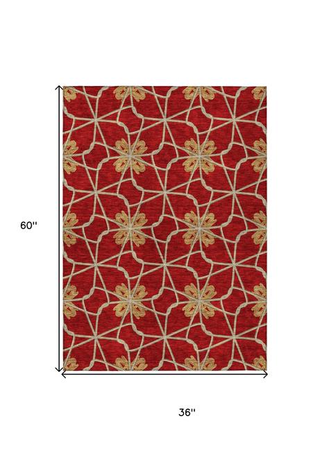 3' X 5' Orange And Gold Geometric Washable Indoor Outdoor Area Rug