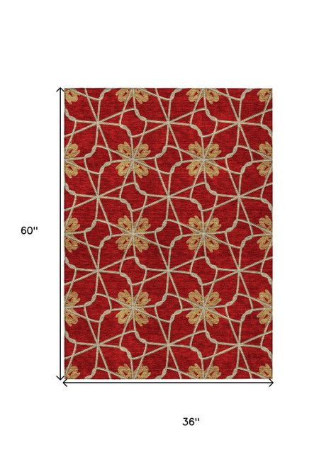 3' X 5' Orange And Gold Geometric Washable Indoor Outdoor Area Rug