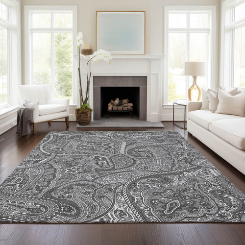 5' X 8' Gray Silver And Charcoal Paisley Washable Indoor Outdoor Area Rug