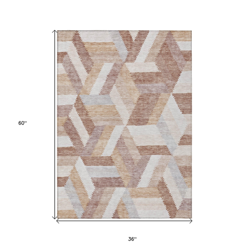 3' X 5' Copper Geometric Washable Indoor Outdoor Area Rug