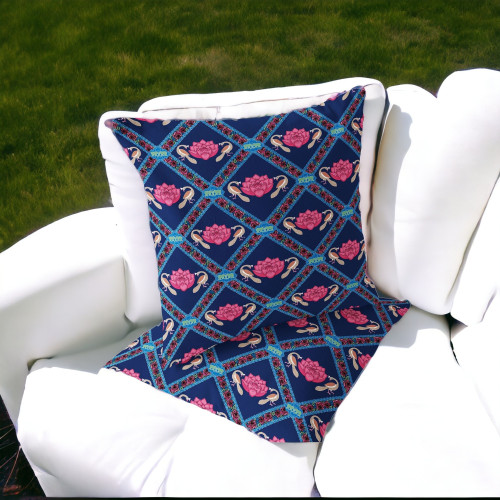 Set of Two 16" X 16" Blue and Pink Peacock Blown Seam Floral Indoor Outdoor Throw Pillow Polyester Home Accent