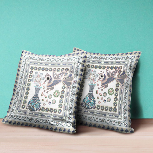 18" x 18" Gray Peacock Blown Seam Floral Indoor Outdoor Throw Pillow Decor