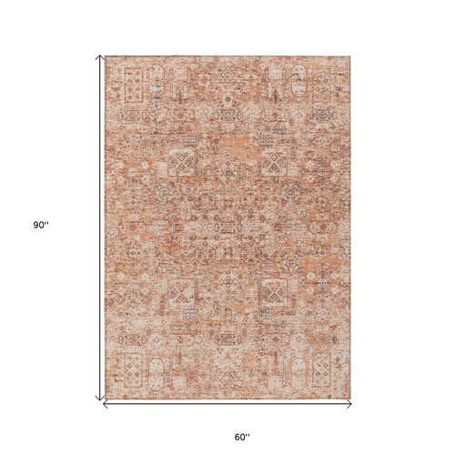 5' X 8' Salmon Orange And Gray Floral Washable Indoor Outdoor Area Rug