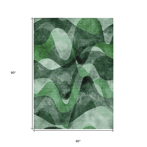 5' X 8' Fern Green Abstract Washable Non Skid Indoor Outdoor Area Rug