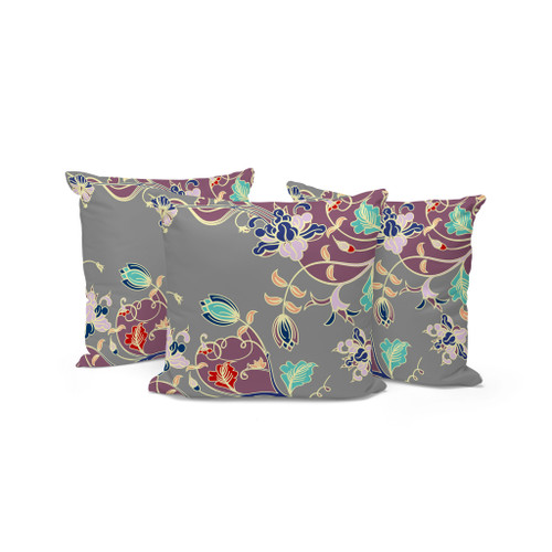 Set of Three 16" X 16" Gray and Purple Botanical Indoor Outdoor Throw Pillow Polyester Decor