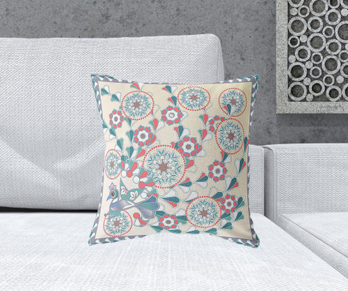 18" x 18" Off White Peacock Blown Seam Floral Indoor Outdoor Throw Pillow Classic Design