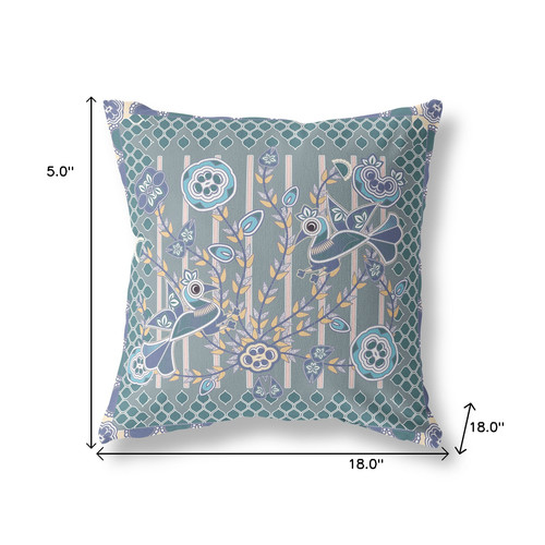 18" x 18" Blue and Gray Bird Blown Seam Floral Indoor Outdoor Throw Pillow