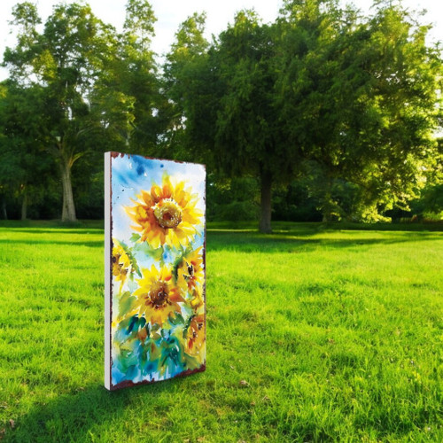 30" Yellow Brown And Green Solid Wood Sunflowers Garden Stake Home Accent